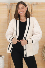 Acer Jacket - Cable Knit Front with Puffer Sleeve Jacket in Beige