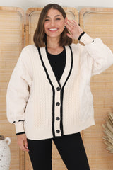 Acer Jacket - Cable Knit Front with Puffer Sleeve Jacket in Beige