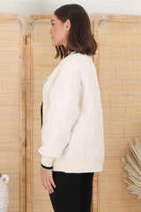 Acer Jacket - Cable Knit Front with Puffer Sleeve Jacket in Beige