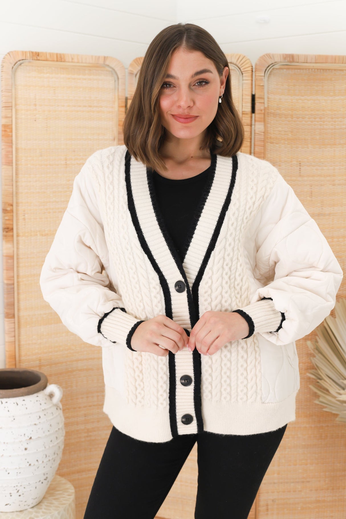 Acer Jacket - Cable Knit Front with Puffer Sleeve Jacket in Beige