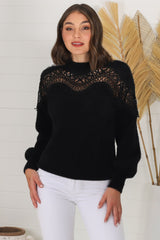 Adelle Jumper - Crew Neck Lace Detailed Jumper in Black