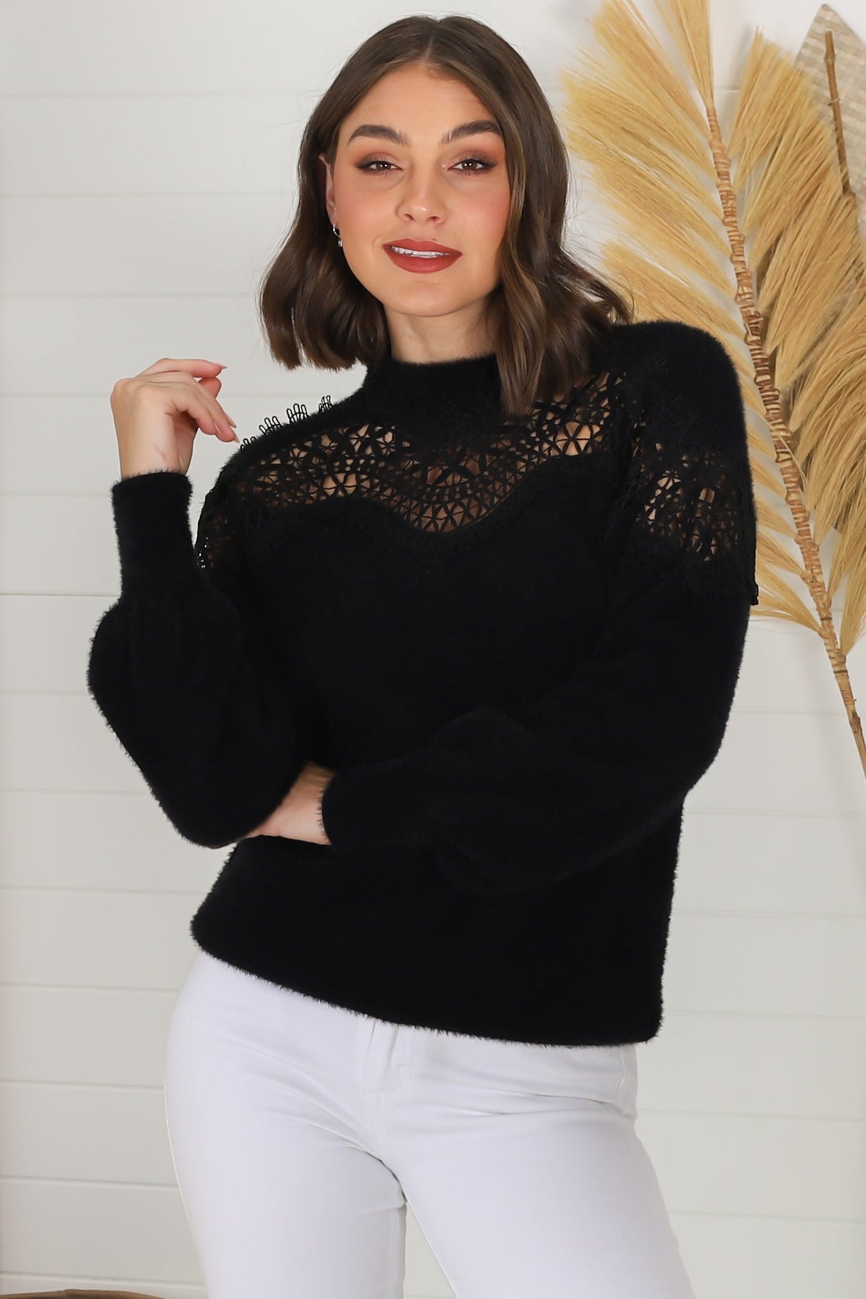 Adelle Jumper - Crew Neck Lace Detailed Jumper in Black