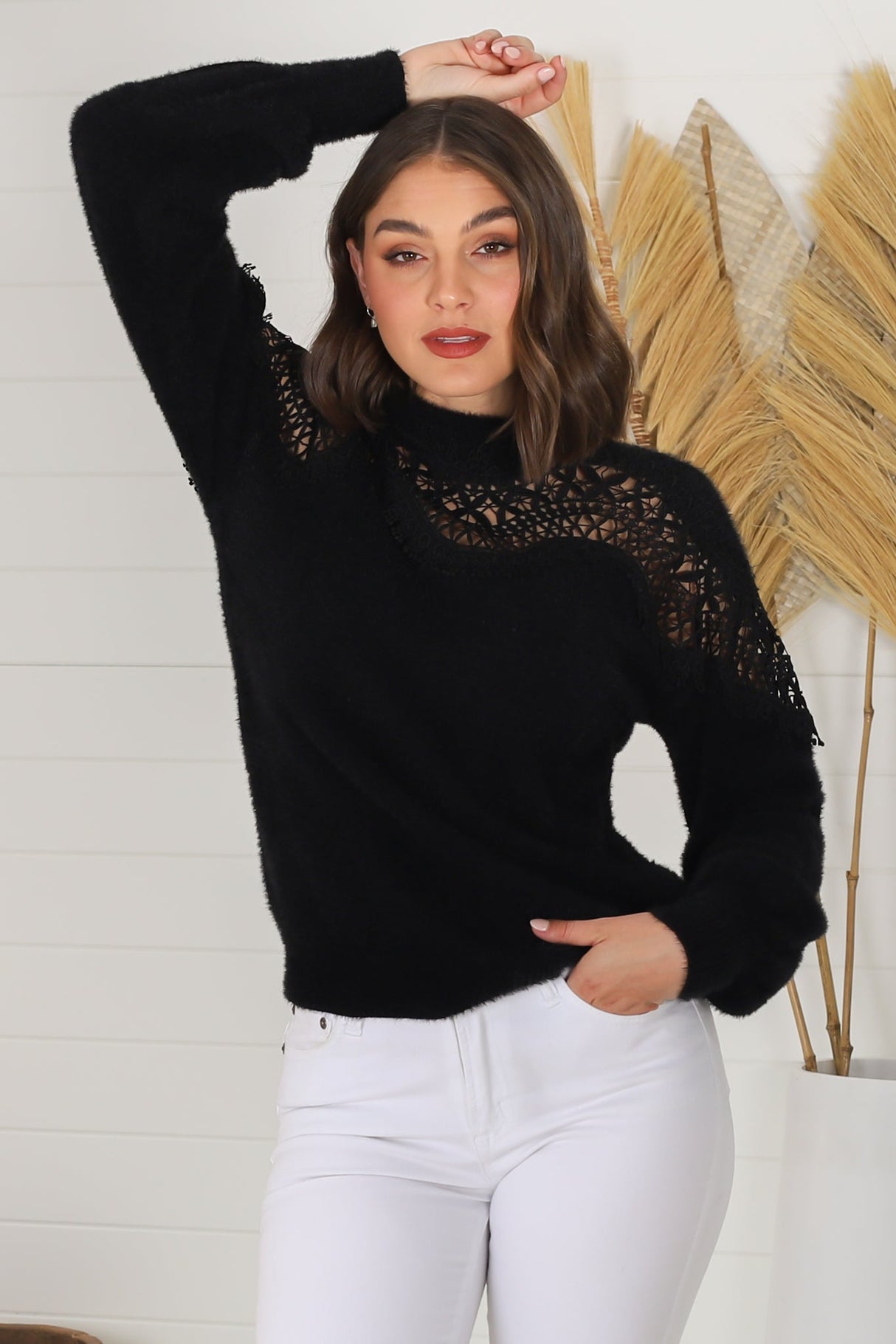 Adelle Jumper - Crew Neck Lace Detailed Jumper in Black