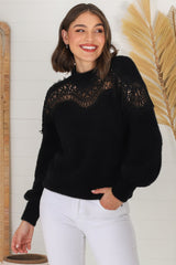 Adelle Jumper - Crew Neck Lace Detailed Jumper in Black