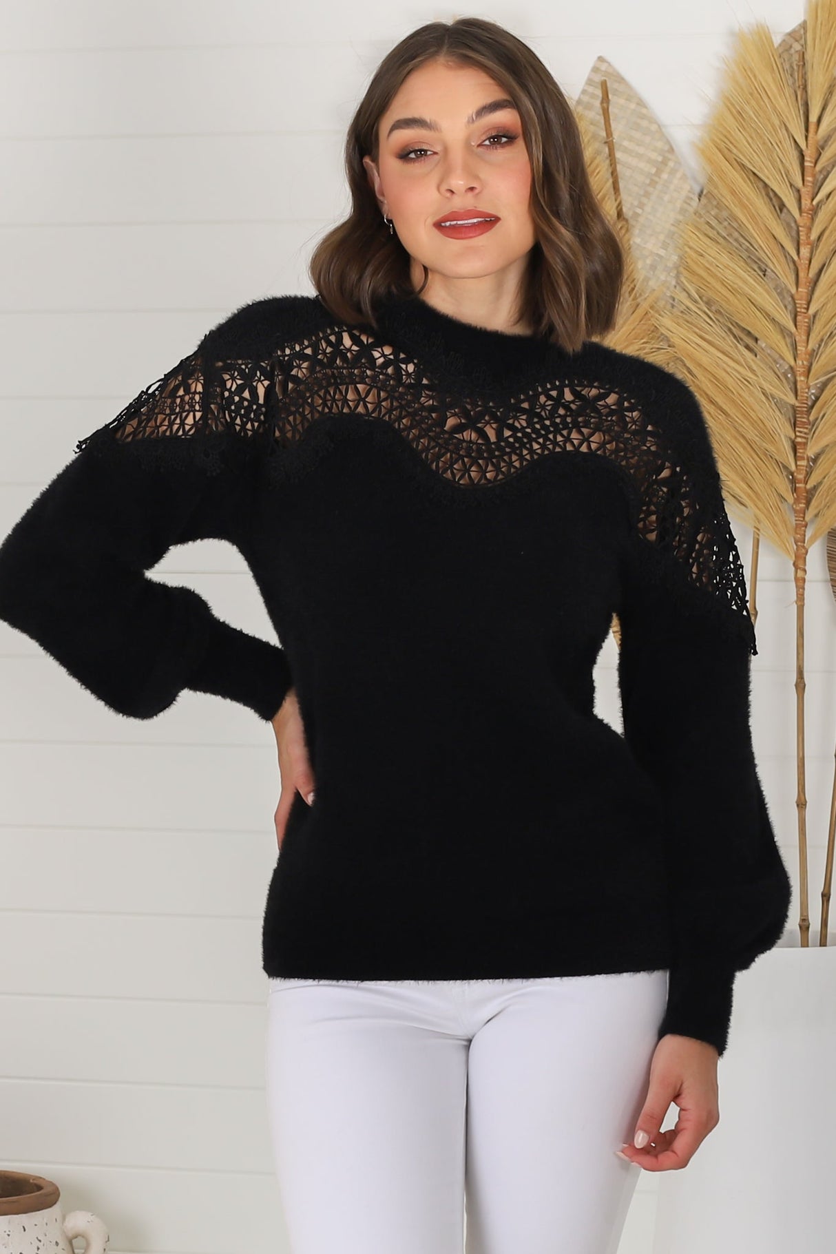 Adelle Jumper - Crew Neck Lace Detailed Jumper in Black