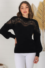 Adelle Jumper - Crew Neck Lace Detailed Jumper in Black