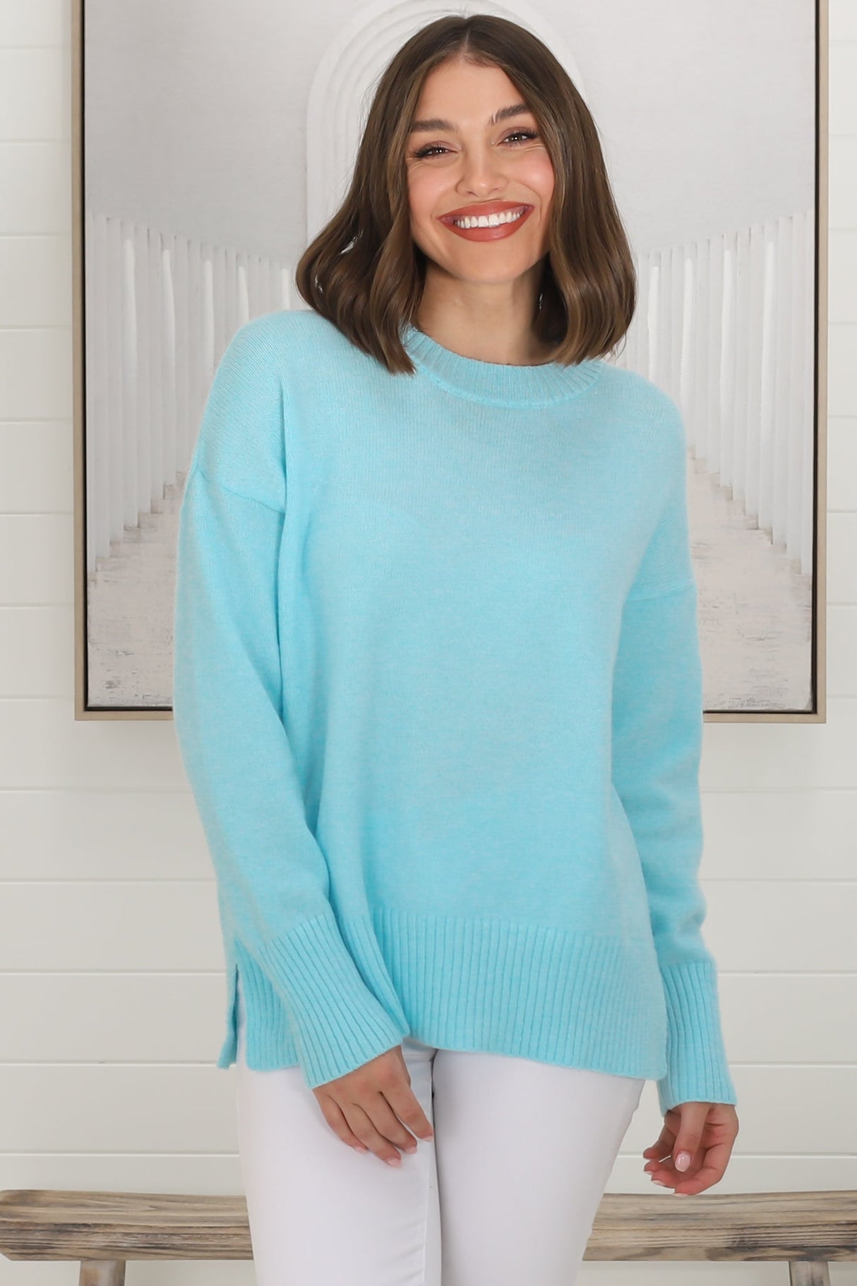 Rita Jumper - Relaxed Crew Neck Knit with Side Splits in Light Blue