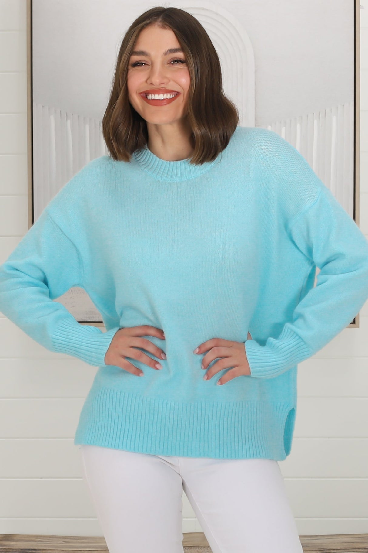 Rita Jumper - Relaxed Crew Neck Knit with Side Splits in Light Blue