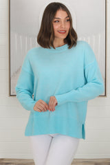 Rita Jumper - Relaxed Crew Neck Knit with Side Splits in Light Blue