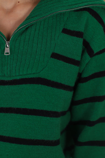 Dennis Jumper - Chunky Collar with Zipper Stripe Jumper in Green