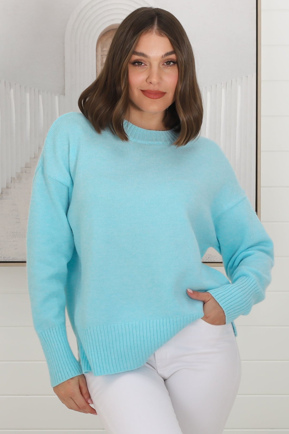 Rita Jumper - Relaxed Crew Neck Knit with Side Splits in Light Blue