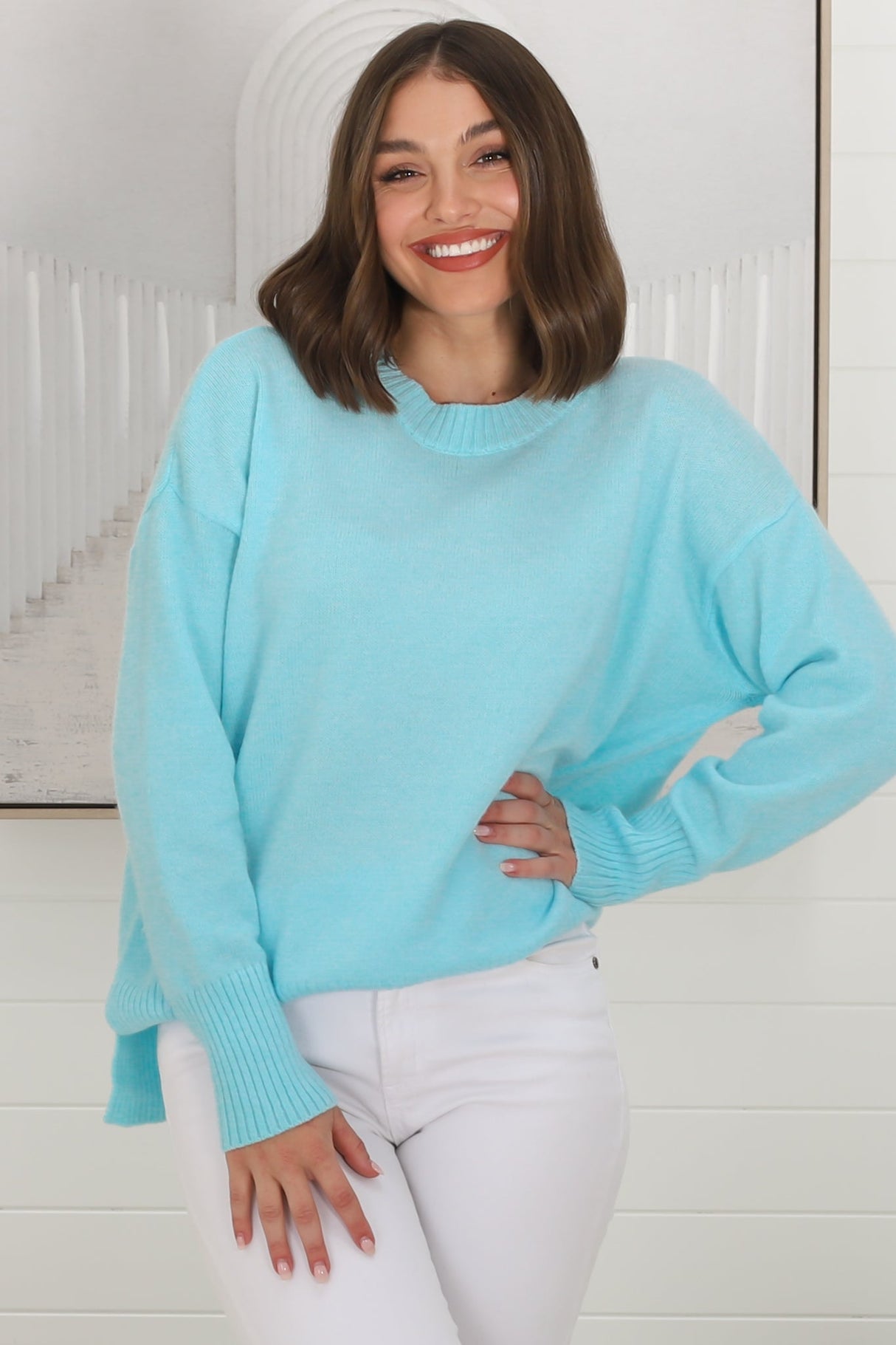 Rita Jumper - Relaxed Crew Neck Knit with Side Splits in Light Blue