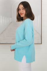 Rita Jumper - Relaxed Crew Neck Knit with Side Splits in Light Blue