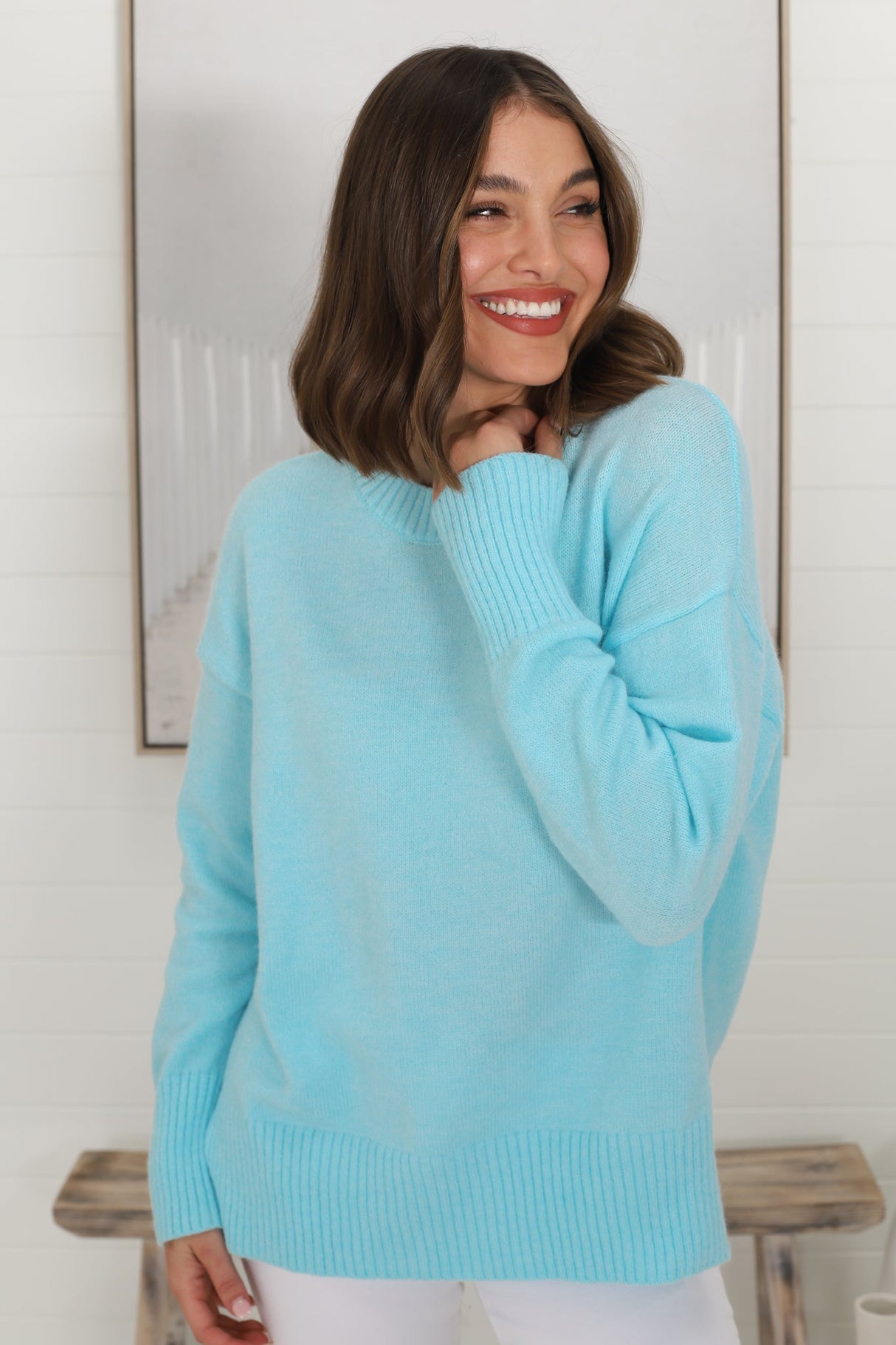 Rita Jumper - Relaxed Crew Neck Knit with Side Splits in Light Blue