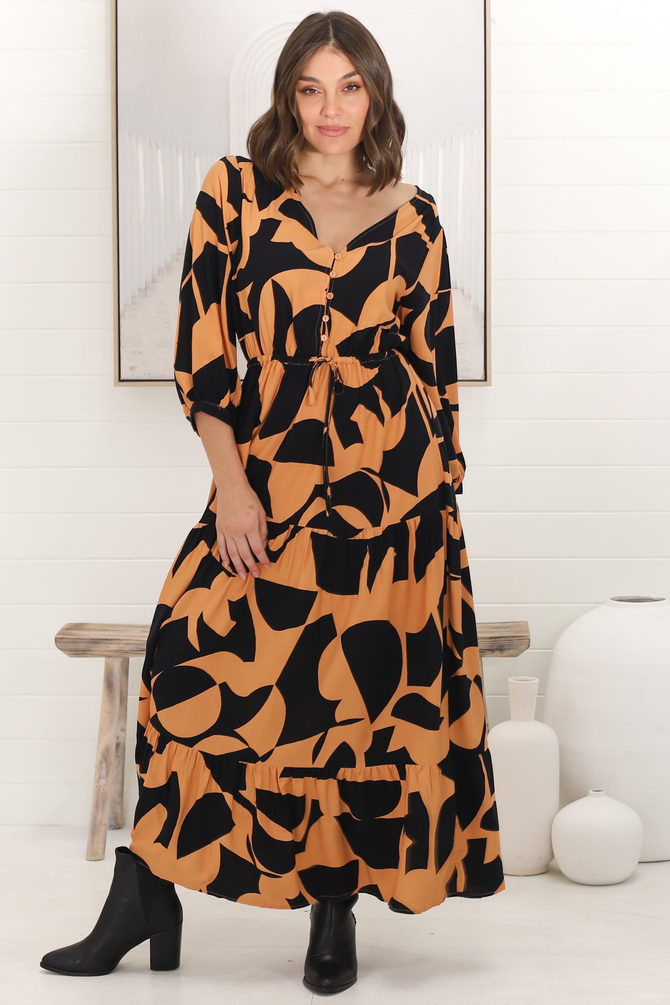 Irena Maxi Dress - V Neck 3/4 Sleeve Tiered Dress in Orange