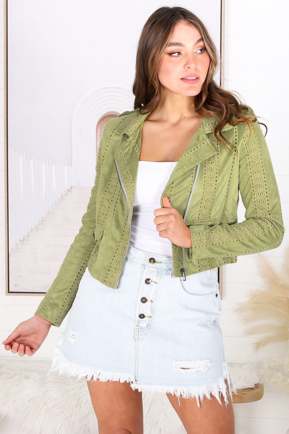 Jodi Jacket - Emroided Detailing Biker Faux Suede Jacket in Khaki