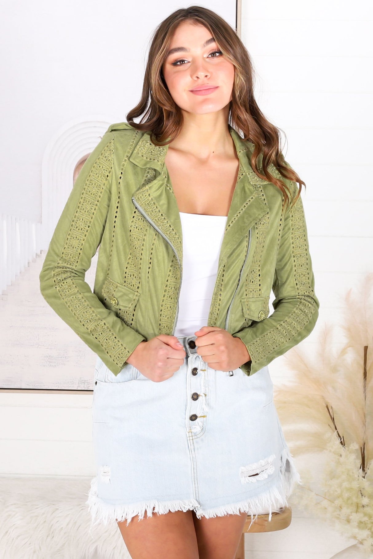 Jodi Jacket - Emroided Detailing Biker Faux Suede Jacket in Khaki