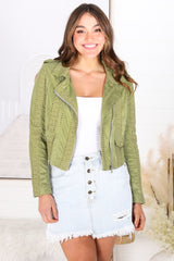 Jodi Jacket - Emroided Detailing Biker Faux Suede Jacket in Khaki