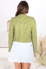 Jodi Jacket - Emroided Detailing Biker Faux Suede Jacket in Khaki