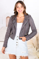 Jodi Jacket - Emroided Detailing Biker Faux Suede Jacket in Charcoal