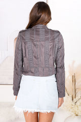 Jodi Jacket - Emroided Detailing Biker Faux Suede Jacket in Charcoal