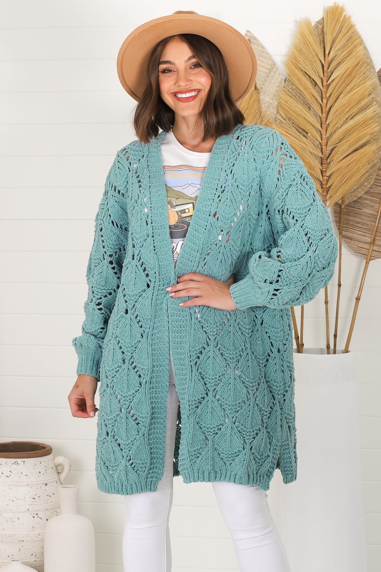 Townsend Cardigan - Open Knit Cardigan with Long Sleeves in Seafoam Green