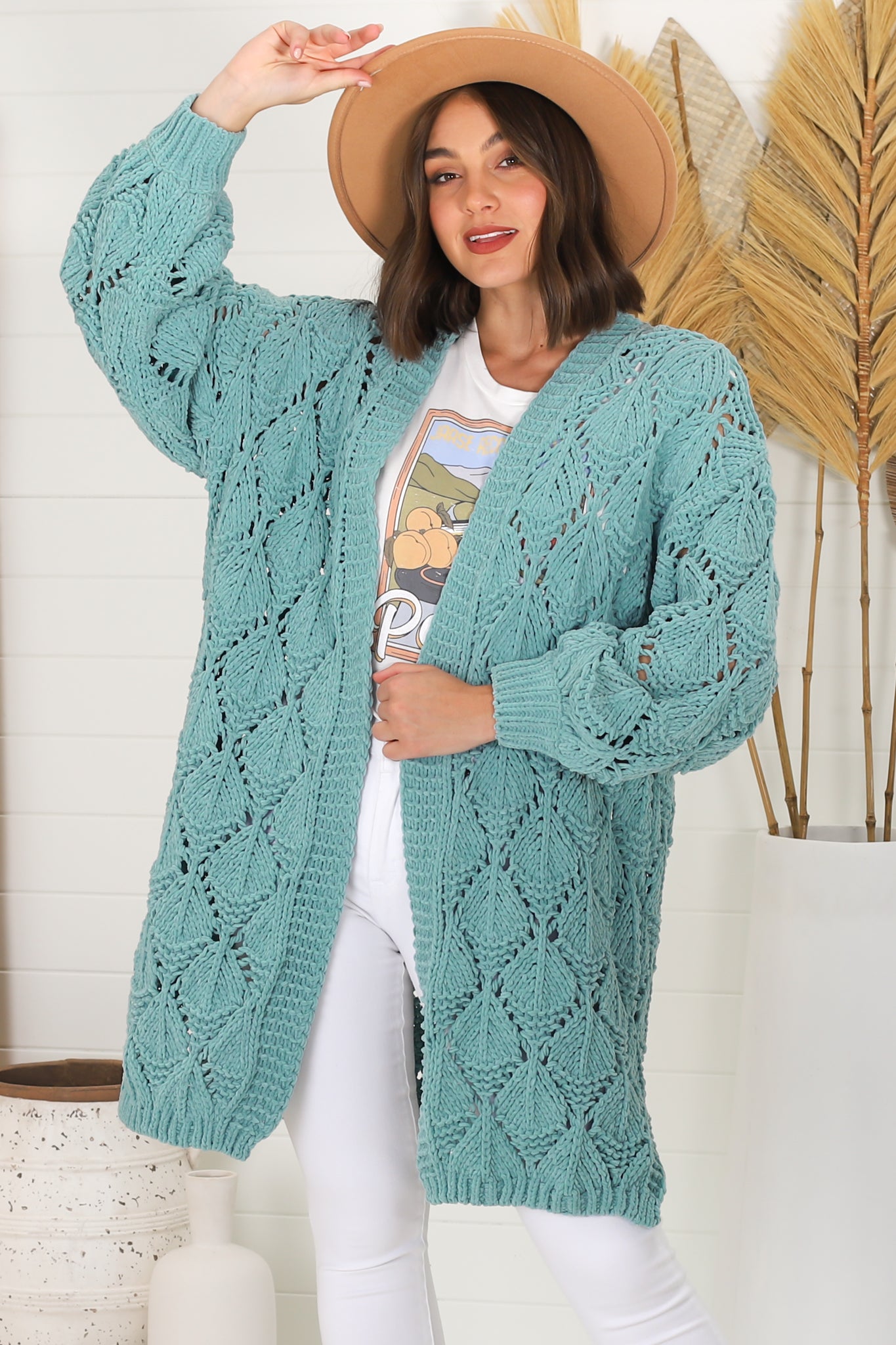 Townsend Cardigan - Open Knit Cardigan with Long Sleeves in Seafoam Green
