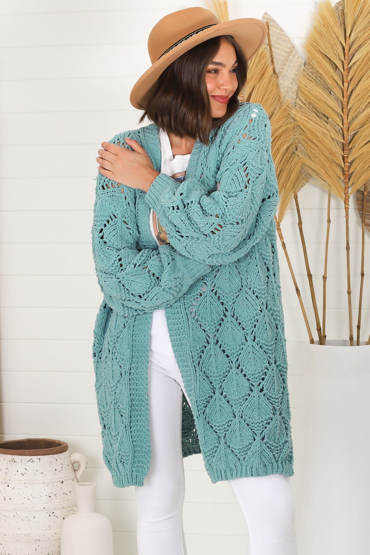 Townsend Cardigan - Open Knit Cardigan with Long Sleeves in Seafoam Green