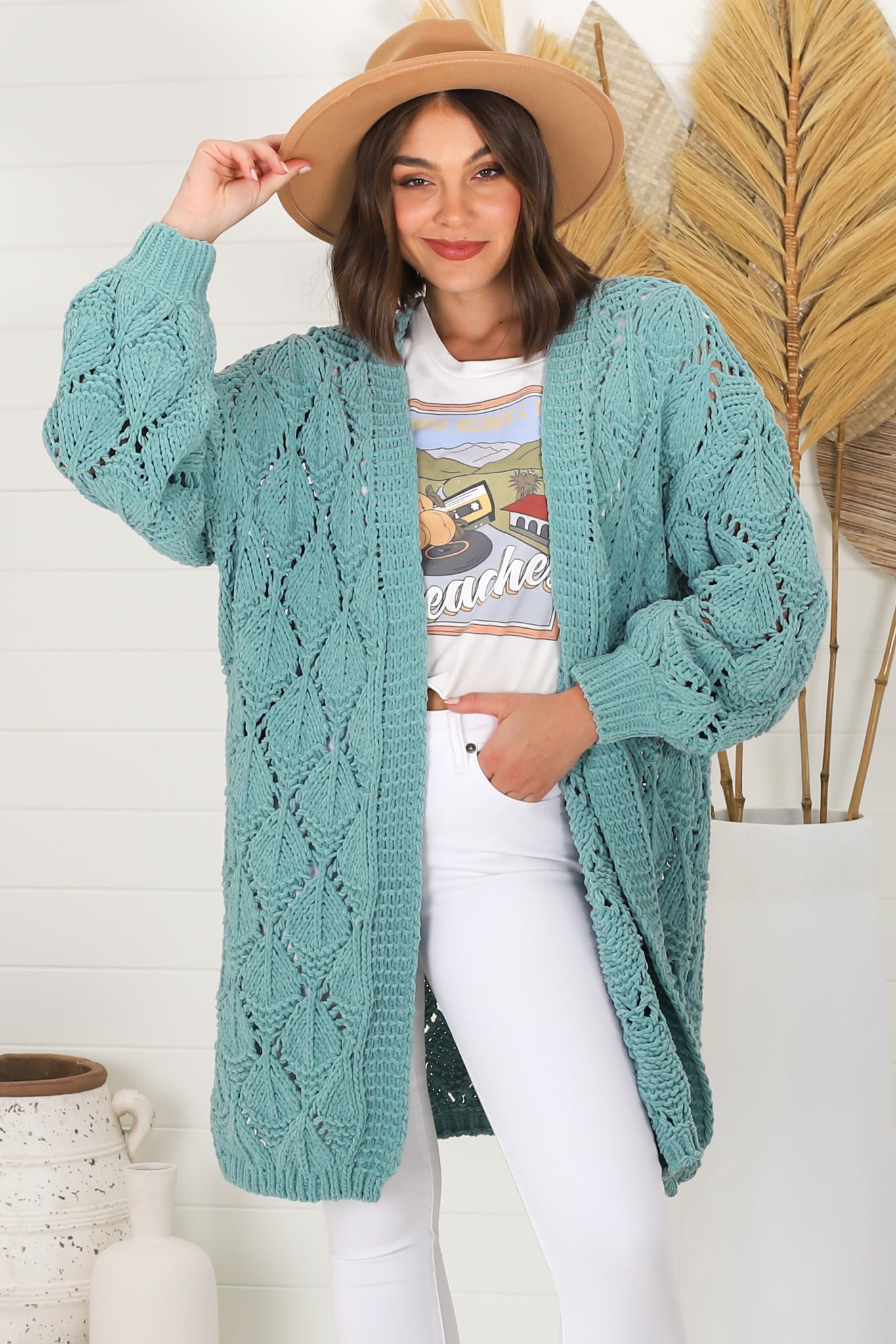 Townsend Cardigan - Open Knit Cardigan with Long Sleeves in Seafoam Green