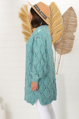 Townsend Cardigan - Open Knit Cardigan with Long Sleeves in Seafoam Green