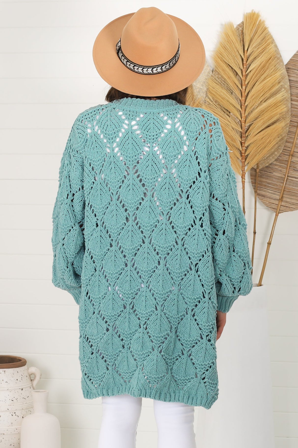 Townsend Cardigan - Open Knit Cardigan with Long Sleeves in Seafoam Green