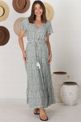 Derla Maxi Dress - V Neck Cap Sleeve Pull Tie Waist A Line Dress in Maryanne Print Green