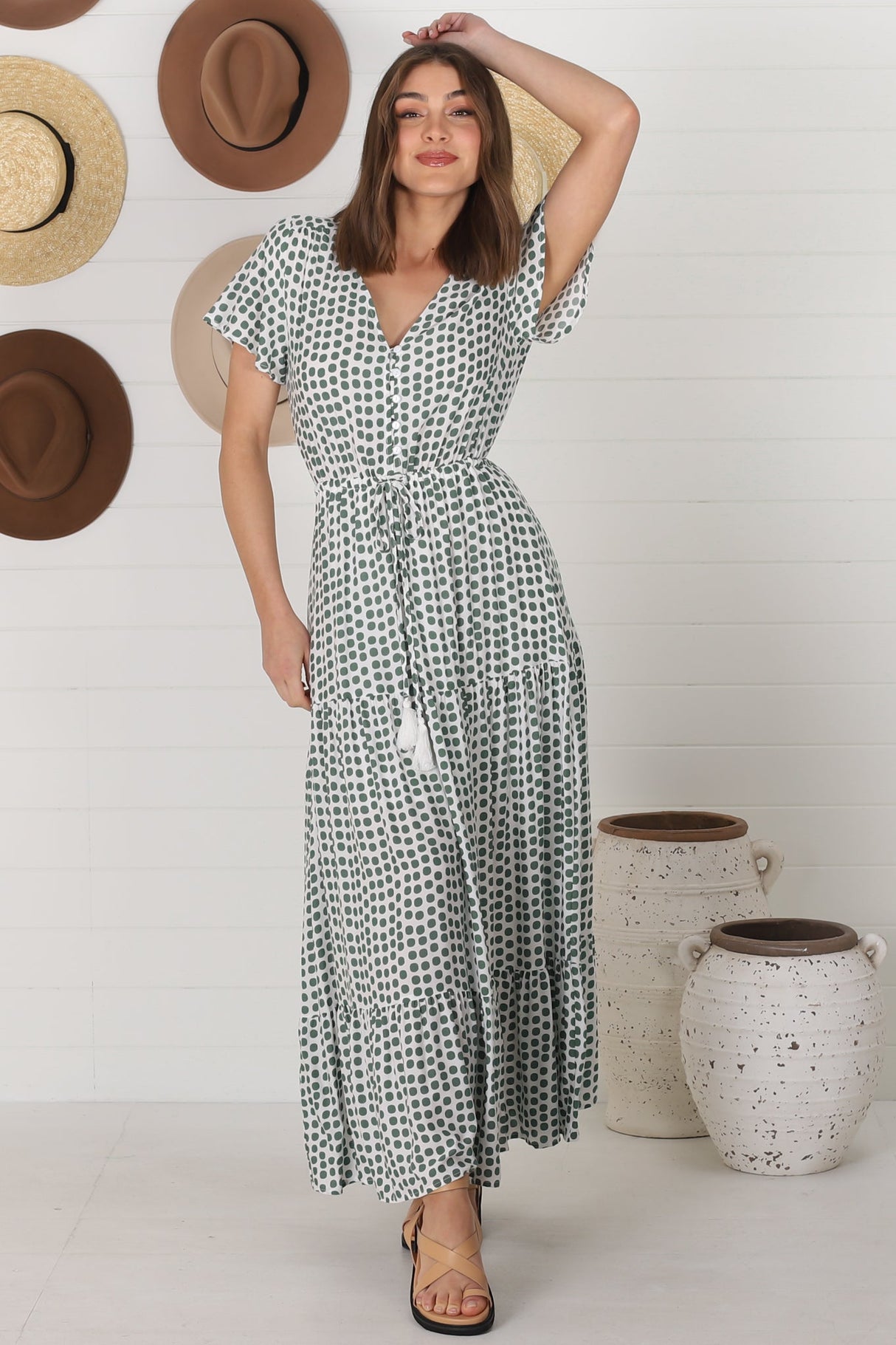 Derla Maxi Dress - V Neck Cap Sleeve Pull Tie Waist A Line Dress in Maryanne Print Green