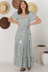 Derla Maxi Dress - V Neck Cap Sleeve Pull Tie Waist A Line Dress in Maryanne Print Green
