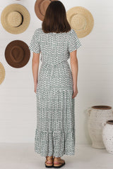 Derla Maxi Dress - V Neck Cap Sleeve Pull Tie Waist A Line Dress in Maryanne Print Green