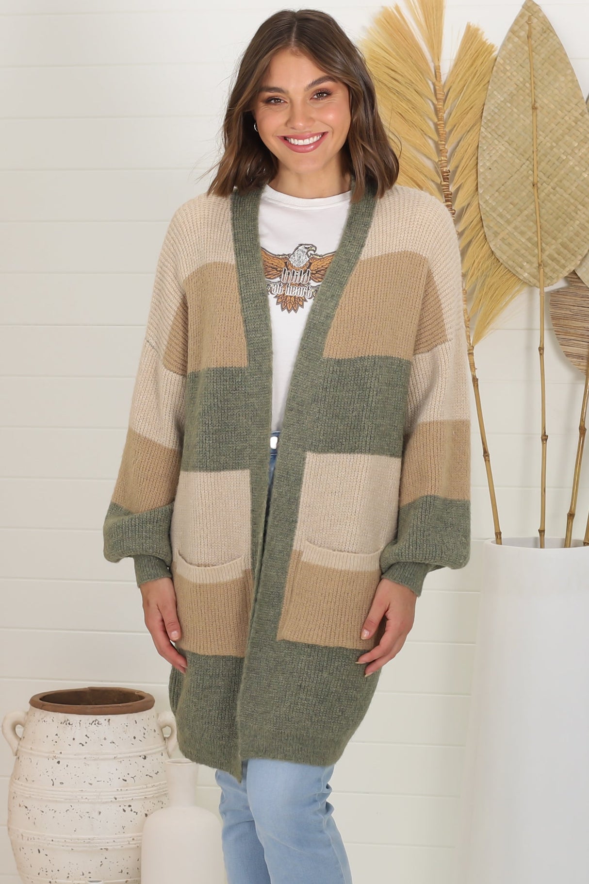 Ingrid Cardigan - Colour Block Open Relaxed Cardigan in Khaki