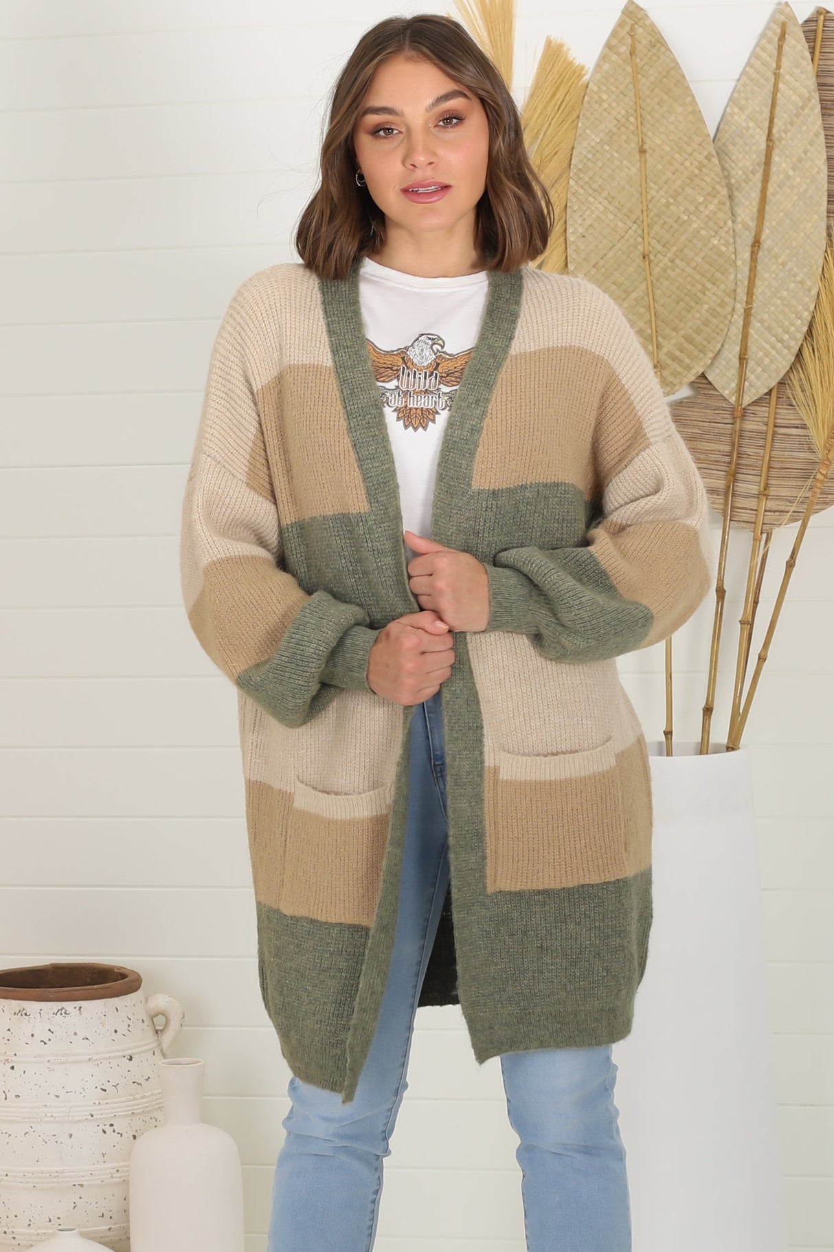 Ingrid Cardigan - Colour Block Open Relaxed Cardigan in Khaki