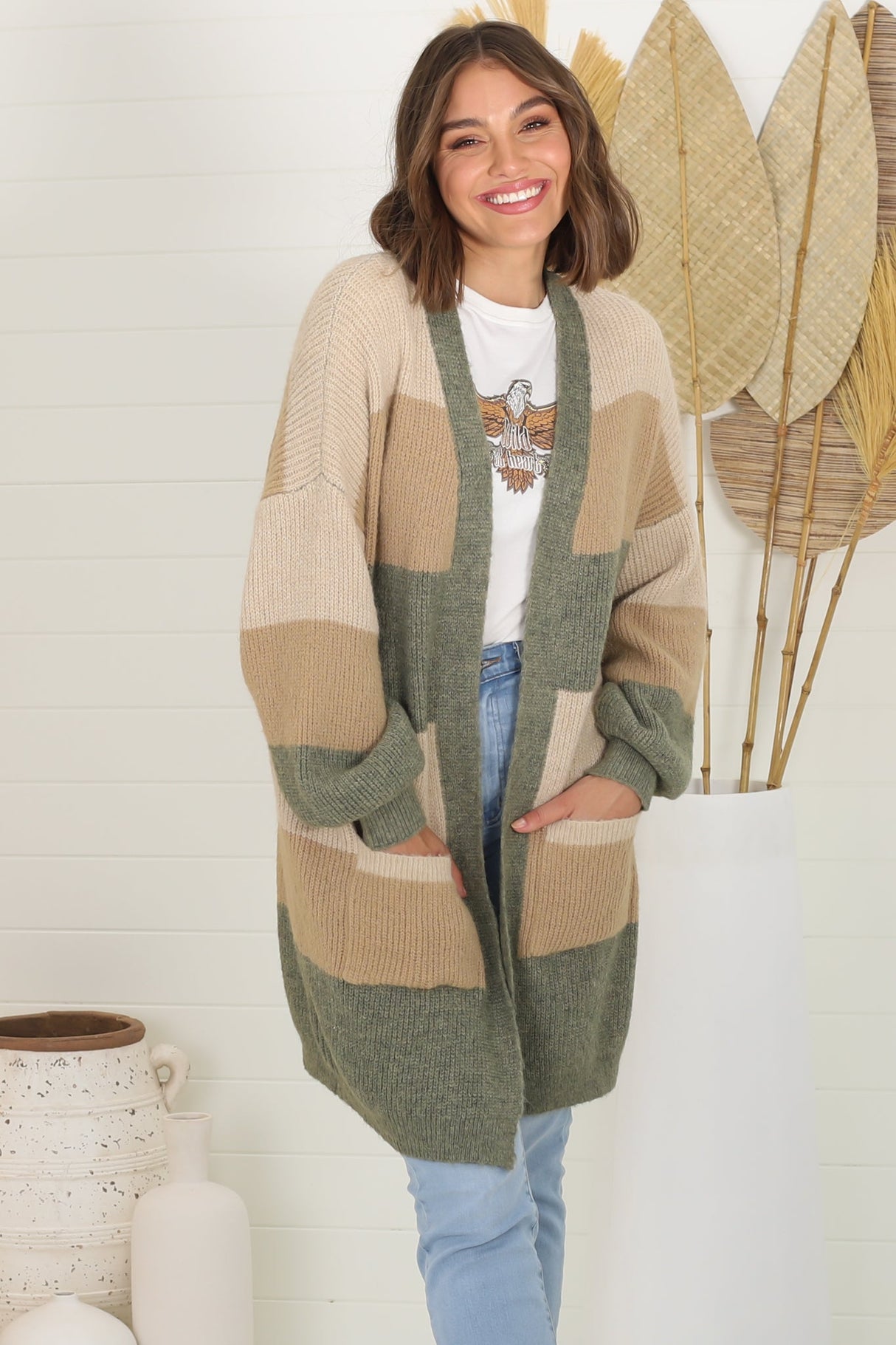 Ingrid Cardigan - Colour Block Open Relaxed Cardigan in Khaki