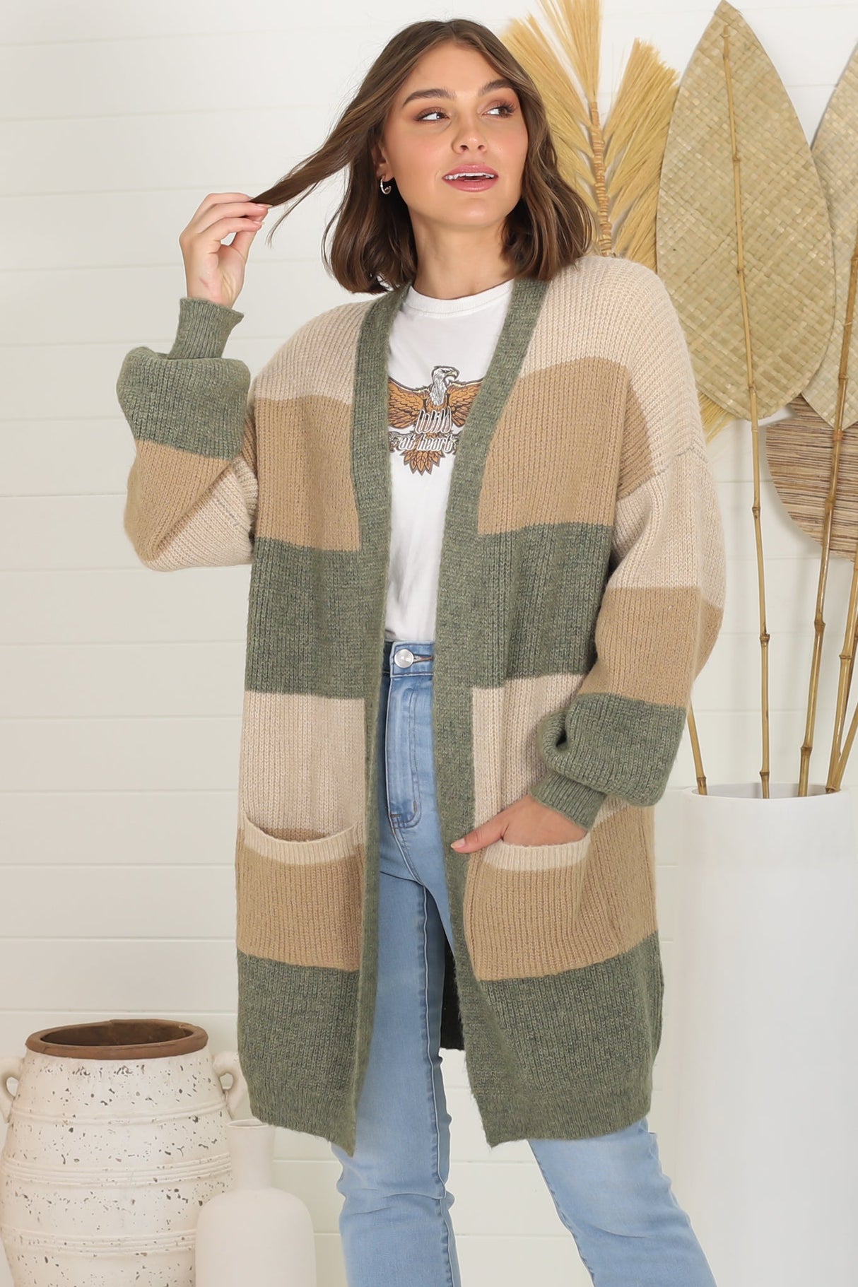 Ingrid Cardigan - Colour Block Open Relaxed Cardigan in Khaki