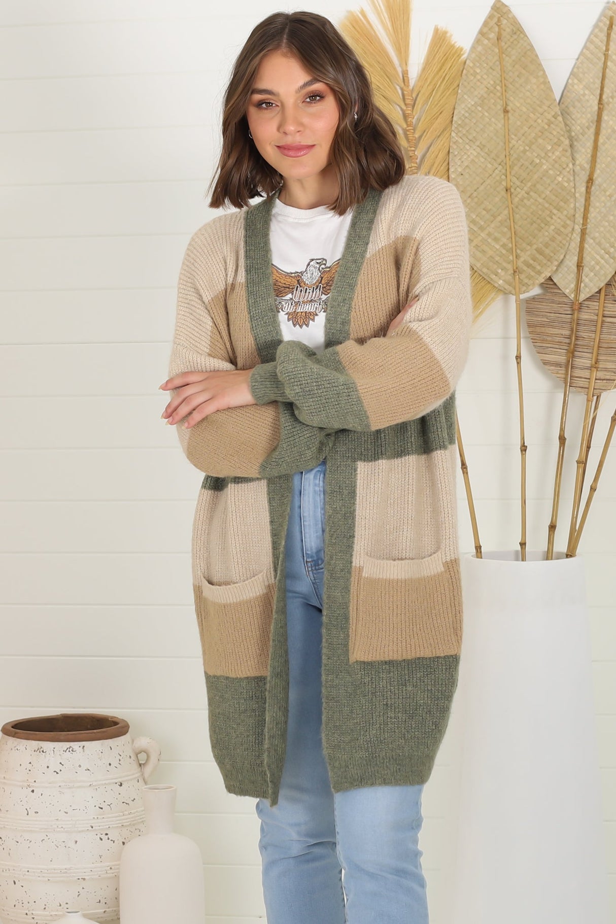 Ingrid Cardigan - Colour Block Open Relaxed Cardigan in Khaki