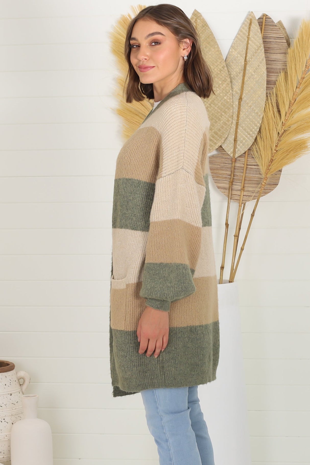 Ingrid Cardigan - Colour Block Open Relaxed Cardigan in Khaki