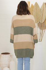 Ingrid Cardigan - Colour Block Open Relaxed Cardigan in Khaki