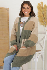 Ingrid Cardigan - Colour Block Open Relaxed Cardigan in Khaki