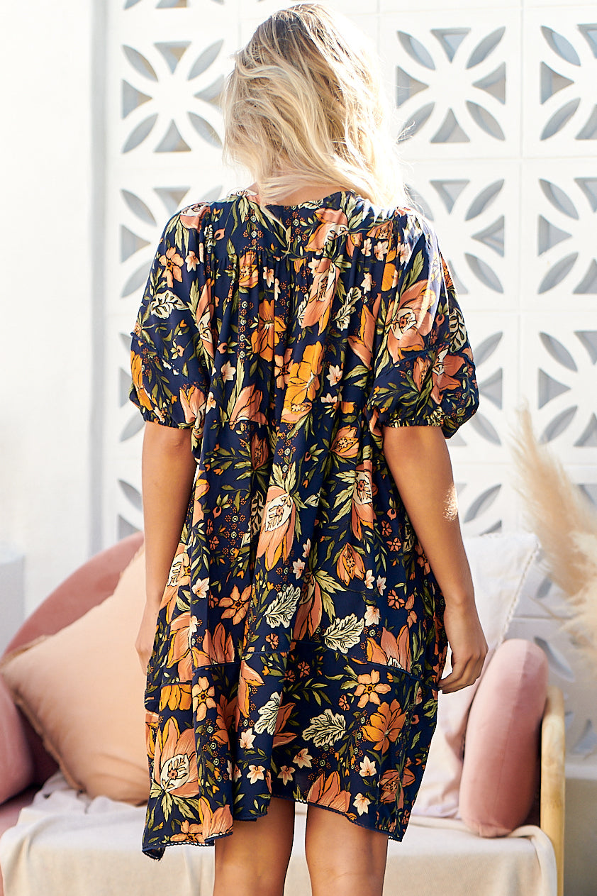 JAASE - Jarvis Mini Dress: Relaxed Fit Dress with V Neckline in California Poppy Print