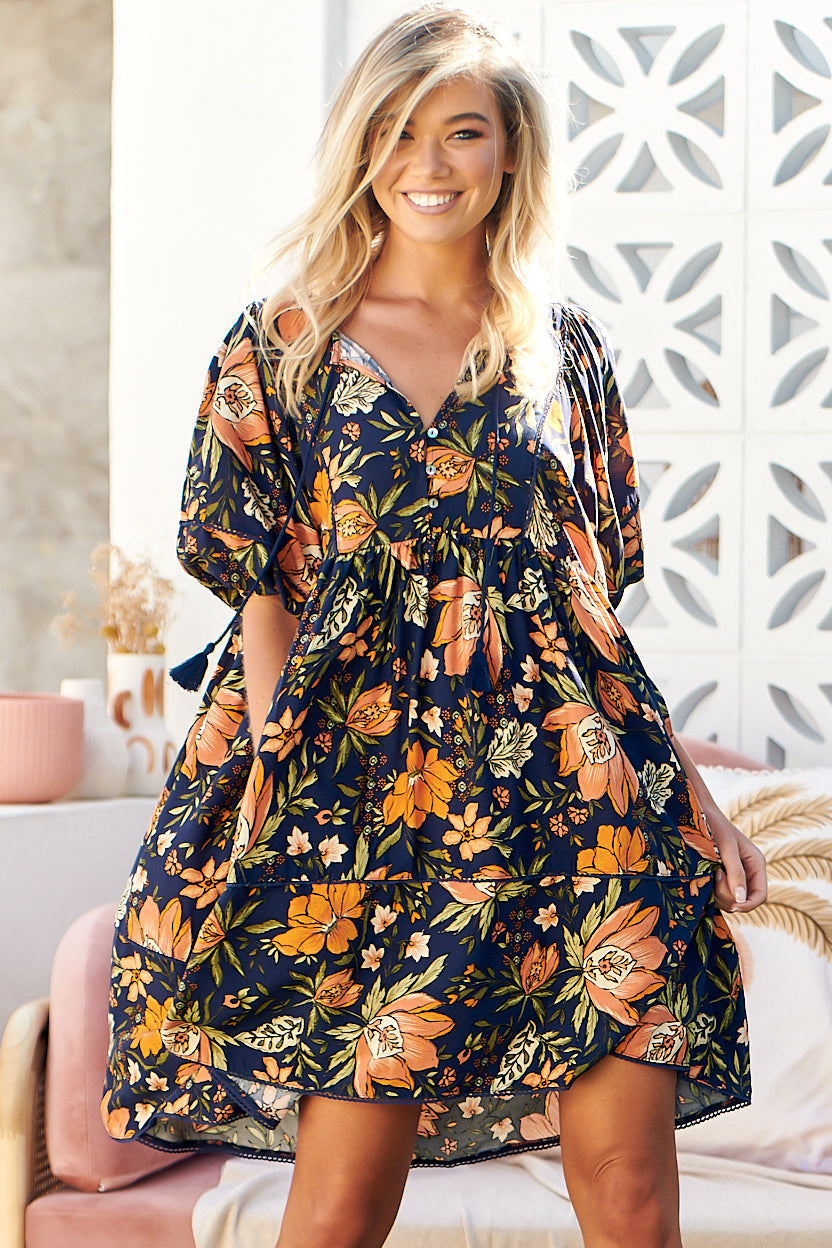 JAASE - Jarvis Mini Dress: Relaxed Fit Dress with V Neckline in California Poppy Print