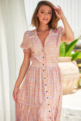 JAASE - Jean Maxi Dress: Button Down Pull Sleeve Tierd Dress in Forget Me Not Print