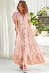 JAASE - Jean Maxi Dress: Button Down Pull Sleeve Tierd Dress in Forget Me Not Print