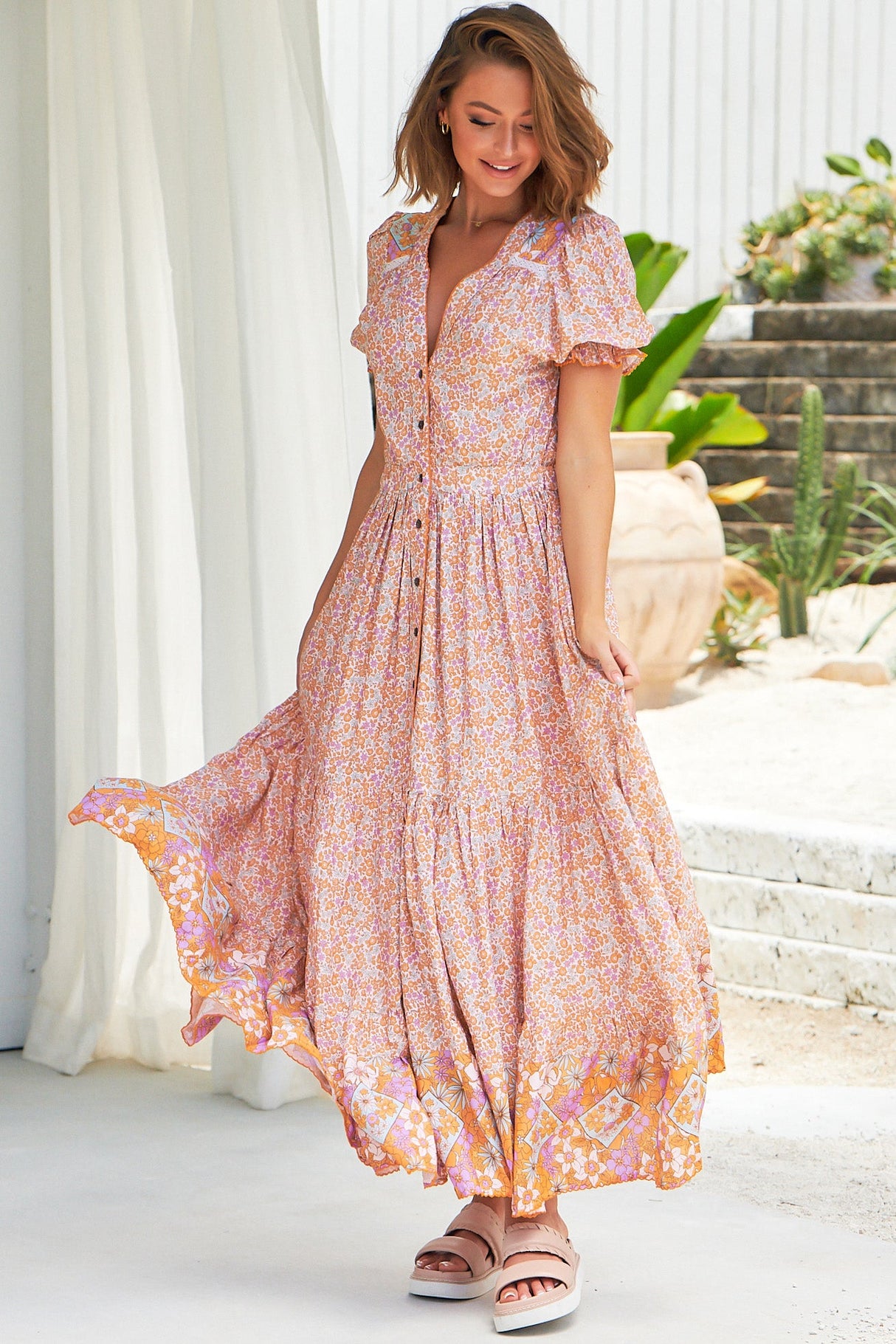 JAASE - Jean Maxi Dress: Button Down Pull Sleeve Tierd Dress in Forget Me Not Print