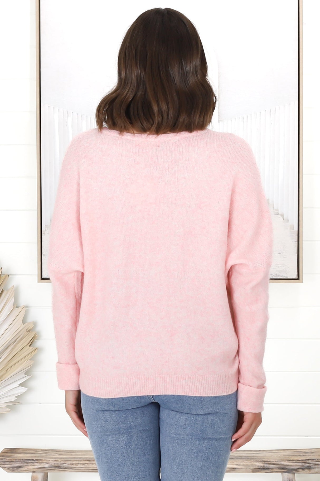 Joanne Knit Top - Crew Neckline Bat Wing Long Sleeve Top in Pink