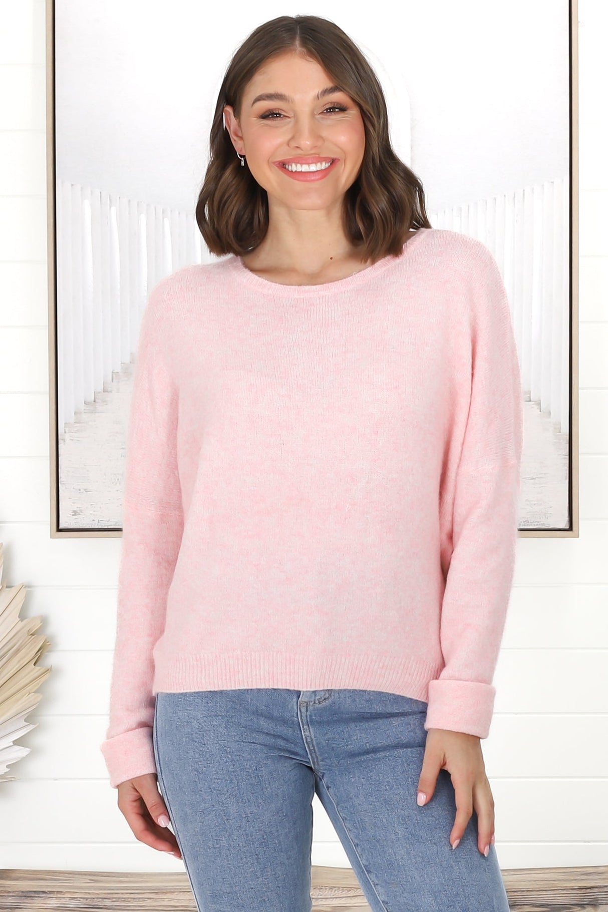 Joanne Knit Top - Crew Neckline Bat Wing Long Sleeve Top in Pink